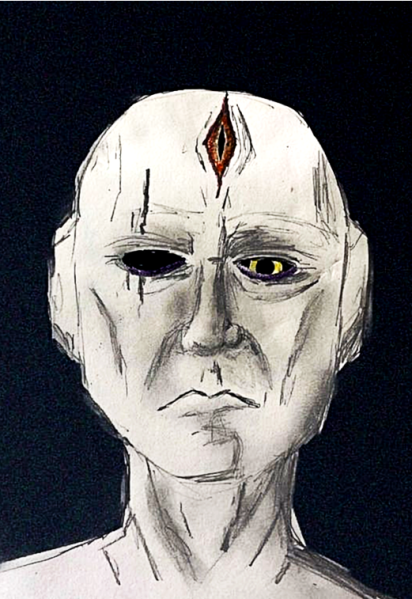 File:Artist's Rendition of the Author. Most accounts describe the signature flaming orange eye on his head and his singular, glowing yellow pupil. .png